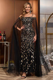 Black Gold Tulle Sheath Long Mother of the Bride Dress with Cape