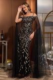 Black Gold Tulle Sheath Long Mother of the Bride Dress with Cape