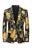 Black Flower Printed Notched Lapel Men's Formal Blazer