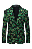 Men's Dark Green Leaf Printed Notched Lapel Formal Blazer