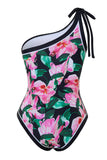 Balck Pink Floral One Shoulder One Piece Bikini