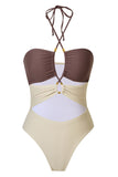 Ivory Cut Out Halter One Piece Swimsuit with Cover Up
