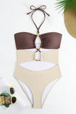 Ivory Cut Out Halter One Piece Swimsuit with Cover Up