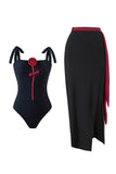 Black 3D Flower One Piece Spaghetti Straps Swimwear with Cover Up
