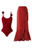 Black Spaghetti Straps One Piece Swimwear with Ruffled Cover Up