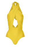 Yellow Printed Halter One Piece Swimwear with Cover Up