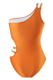 Orange Printed One Piece One Shoulder Cut Out Beach Swimwear