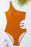 Orange Printed One Piece One Shoulder Cut Out Beach Swimwear