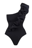 Black White One Piece Ruffled Beach Swimwear with Cover Up