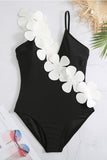Black White 2-Piece V Neck Beach Swimwear with 3D Flowers