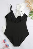 Black White 2-Piece V Neck Beach Swimwear with 3D Flowers