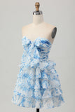 Pink Flower A-line Strapless Tiered Short Homecoming Dress with Front Bow