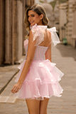 Sparkly Pink Off The Shoulder Corset A Line Tiered Homecoming Dress