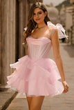 Sparkly Pink Off The Shoulder Corset A Line Tiered Homecoming Dress