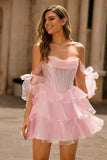 Sparkly Pink Off The Shoulder Corset A Line Tiered Homecoming Dress