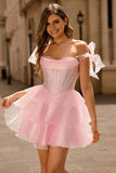 Sparkly Pink Off The Shoulder Corset A Line Tiered Homecoming Dress