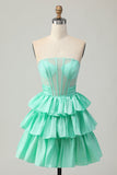 Strapless Red A Line Tiered Corset Beaded Short Homecoming Dress with Bow