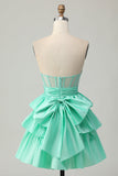 Strapless Red A Line Tiered Corset Beaded Short Homecoming Dress with Bow