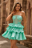Strapless Red A Line Tiered Corset Beaded Short Homecoming Dress with Bow