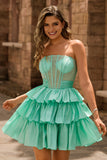 Green A Line Strapless Tiered Corset Beaded Homecoming Dress with Bow