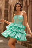 Green A Line Strapless Tiered Corset Beaded Homecoming Dress with Bow