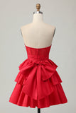 Strapless Red A Line Tiered Corset Beaded Short Homecoming Dress with Bow