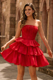 Strapless Red A Line Tiered Corset Beaded Short Homecoming Dress with Bow