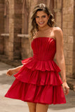 Strapless Red A Line Tiered Corset Beaded Short Homecoming Dress with Bow