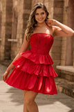 Green A Line Strapless Tiered Corset Beaded Homecoming Dress with Bow