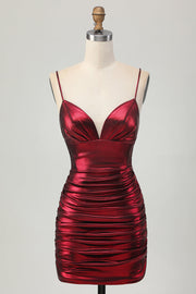 Metallic Burgundy Bodycon Pleated Short Cocktail Dress