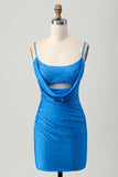 Sparkly Blue Bodycon Cut Out Short Homecoming Dress with Beading