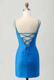Sparkly Blue Bodycon Cut Out Short Homecoming Dress with Beading