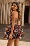 Strapless Khaki Leopard Tiered A Line Corset Homecoming Dress with Ruffles