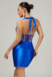 Sparkly Fuchsia Bodycon Halter Short Corset Homecoming Dress with Rhinestones