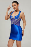 Sparkly Fuchsia Bodycon Halter Short Corset Homecoming Dress with Rhinestones