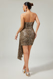 Khaki Leopard Ruched Strapless Short Homecoming Dress with Streamer