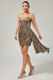 Khaki Leopard Ruched Strapless Short Homecoming Dress with Streamer