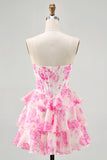 White Blue Floral A Line Strapless Corset Tiered Short Homecoming Dress