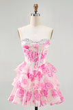 Pink Floral A-Line Strapless Corset Homecoming Dress with Sequins