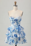 White Blue Floral A Line Strapless Corset Tiered Short Homecoming Dress