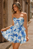 White Blue Floral A Line Strapless Corset Tiered Short Homecoming Dress