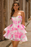 Pink Floral A-Line Strapless Corset Homecoming Dress with Sequins