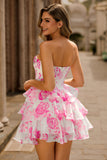 White Blue Floral A Line Strapless Corset Tiered Short Homecoming Dress