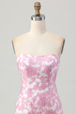 Pink Jacquard Floral Strapless Detachable Sleeves Short Tight Cocktail Dress