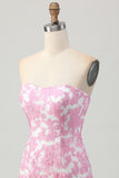 Pink Jacquard Floral Strapless Detachable Sleeves Short Tight Cocktail Dress