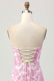 Pink Jacquard Floral Strapless Detachable Sleeves Short Tight Cocktail Dress