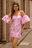 Strapless Floral Textured Pink Homecoming Dress with Puff Sleeves