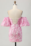 Pink Jacquard Floral Strapless Detachable Sleeves Short Tight Cocktail Dress