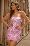 Strapless Floral Textured Pink Homecoming Dress with Puff Sleeves