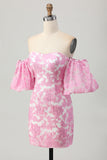 Pink Jacquard Floral Strapless Detachable Sleeves Short Tight Cocktail Dress